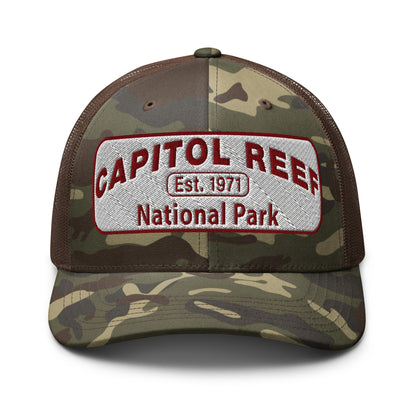 Capitol Reef National Park Camo Hat - White and Maroon embroidered logo - Otto 105-1247 Camo Trucker Hat - Front View - Color: Brown/Camo