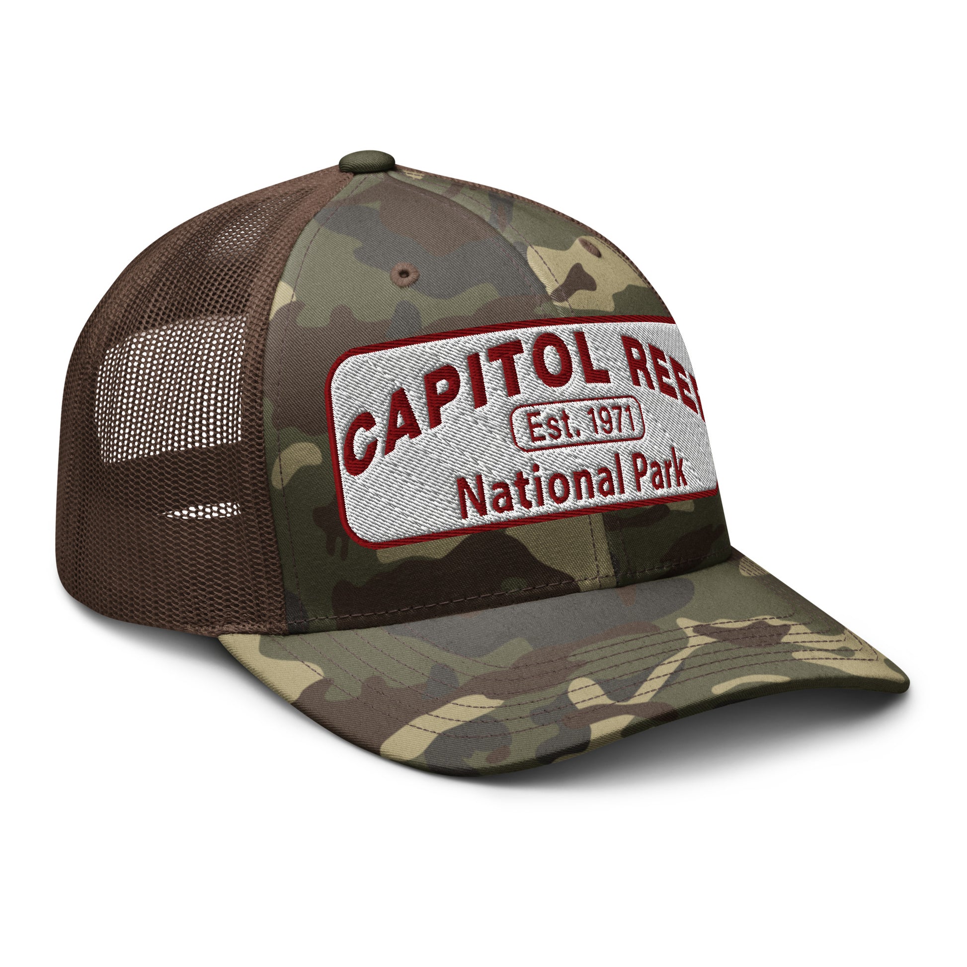 Capitol Reef National Park Camo Hat - White and Maroon embroidered logo - Otto 105-1247 Camo Trucker Hat - Side View - Color: Brown/Camo