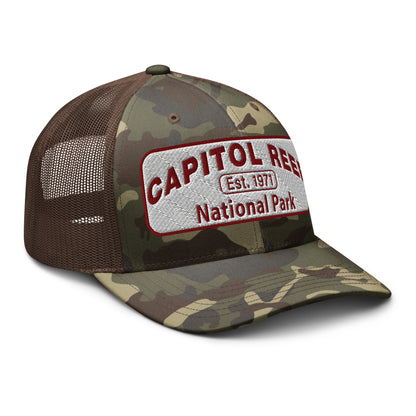 Capitol Reef National Park Camo Hat - White and Maroon embroidered logo - Otto 105-1247 Camo Trucker Hat - Side View - Color: Brown/Camo
