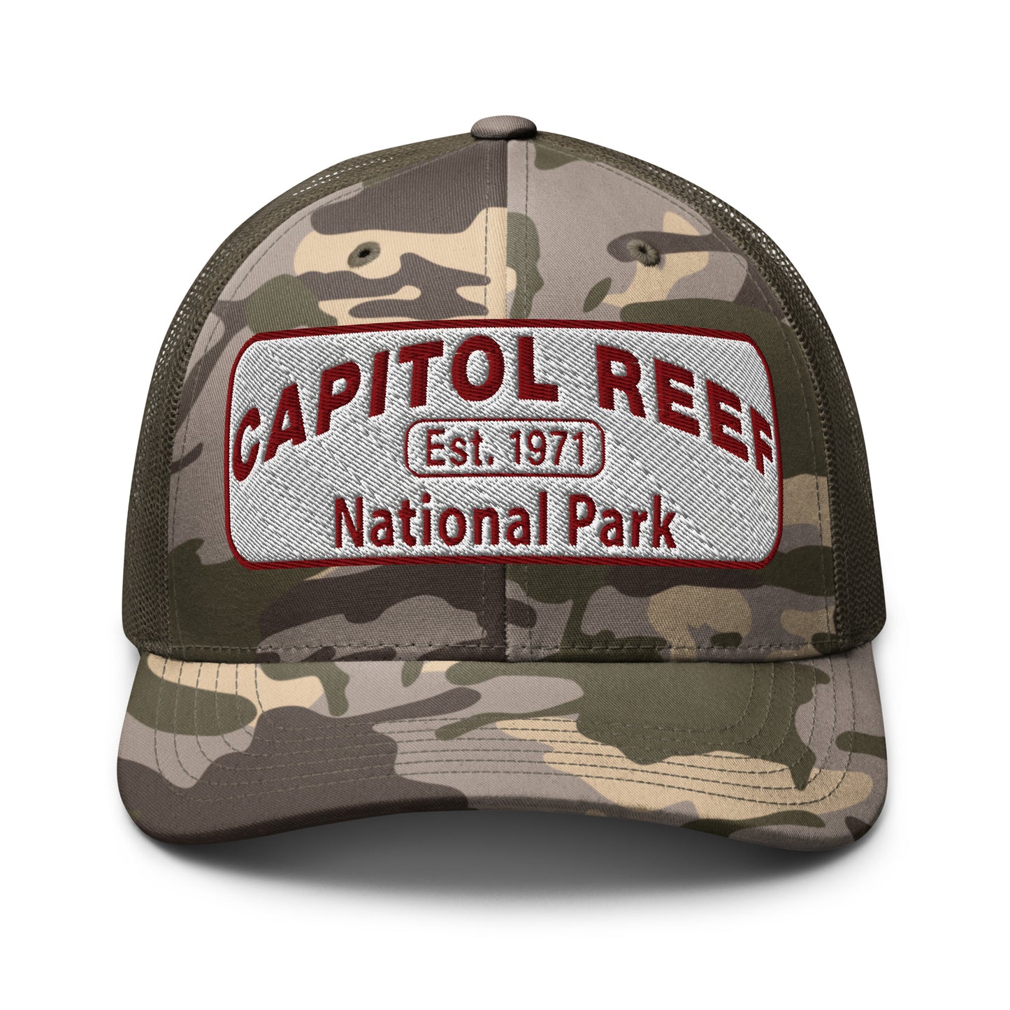 Capitol Reef National Park Camo Hat - White and Maroon embroidered logo - Otto 105-1247 Camo Trucker Hat - Front View - Color: Olive/Camo