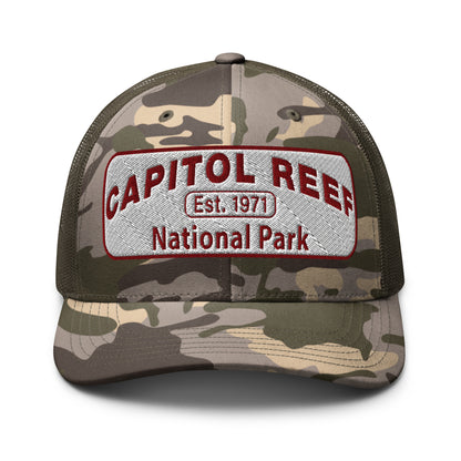 Capitol Reef National Park Camo Hat - White and Maroon embroidered logo - Otto 105-1247 Camo Trucker Hat - Front View - Color: Olive/Camo
