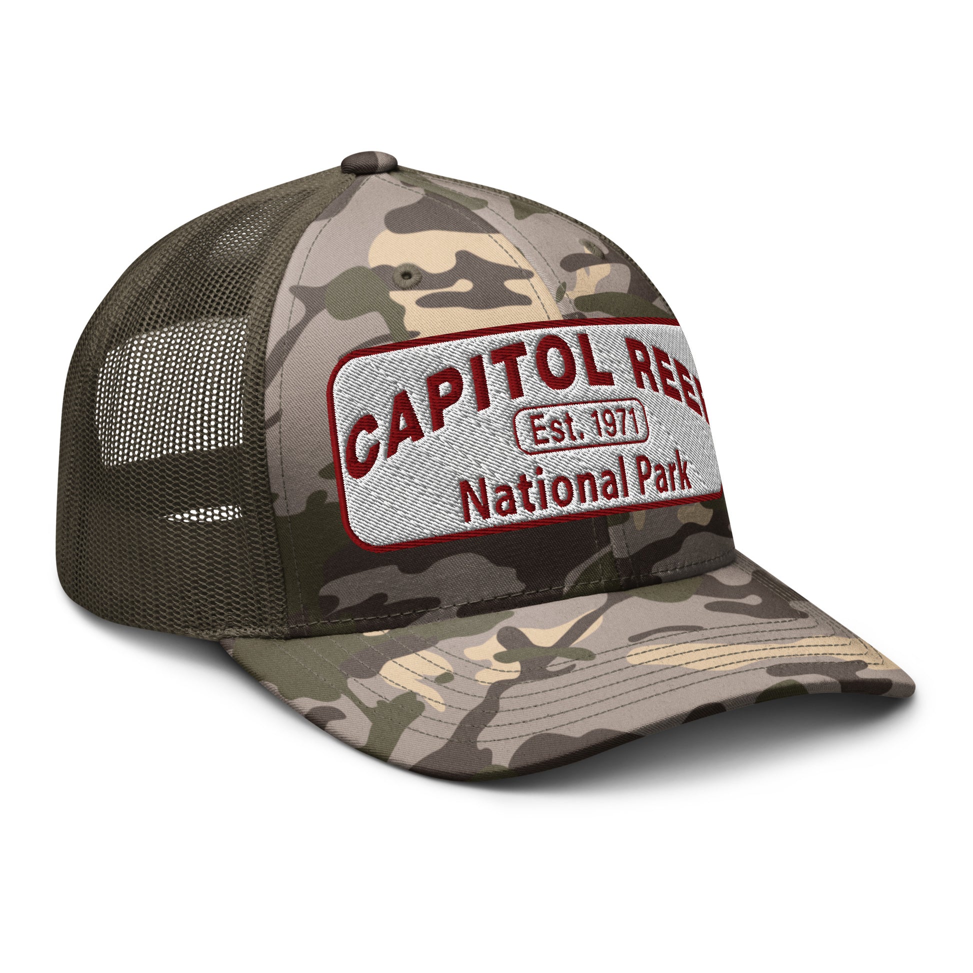 Capitol Reef National Park Camo Hat - White and Maroon embroidered logo - Otto 105-1247 Camo Trucker Hat - Side View - Color: Olive/Camo