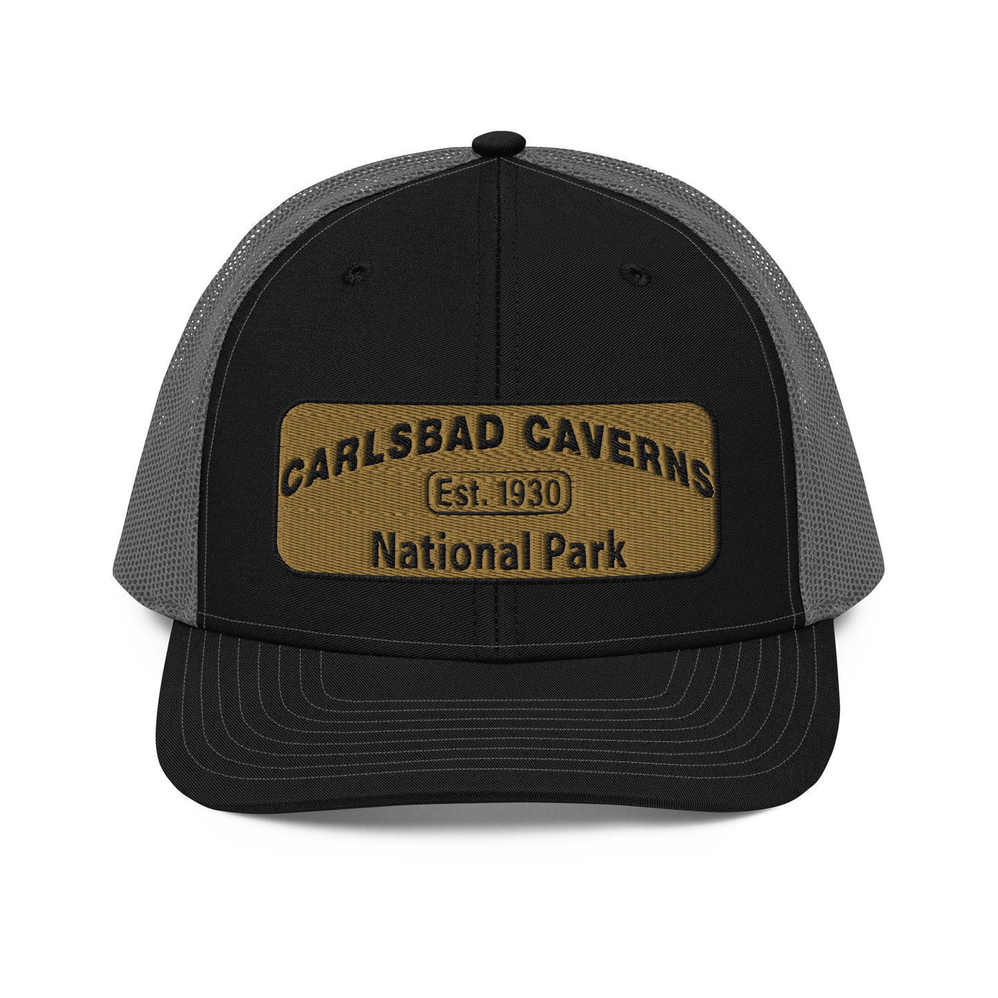 Carlsbad Caverns National Park Camo Hat - Gold and Black Embroidered Patch on Front of hat - Richardson 112 Trucker Hat - Front View - Color: Black/Charcoal