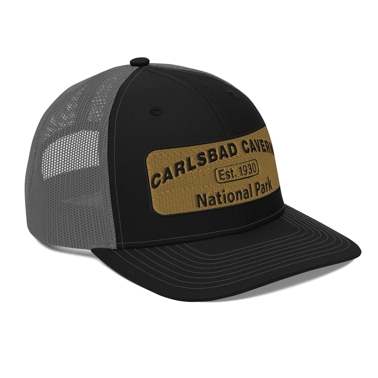 Carlsbad Caverns National Park Camo Hat - Gold and Black Embroidered Patch on Front of hat - Richardson 112 Trucker Hat - Side View - Color: Black/Charcoal