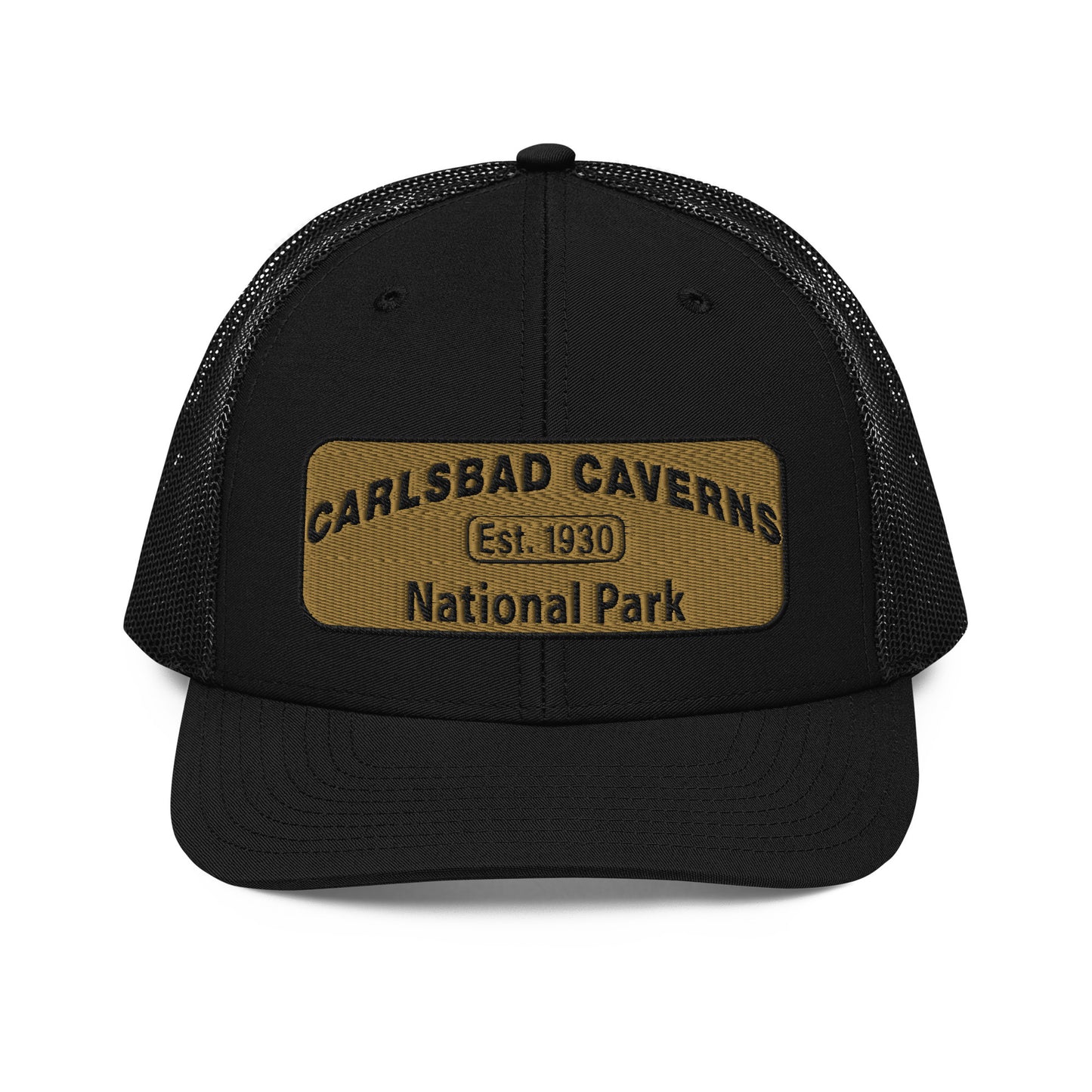 Carlsbad Caverns National Park Camo Hat - Gold and Black Embroidered Patch on Front of hat - Richardson 112 Trucker Hat - Front View - Color: Black