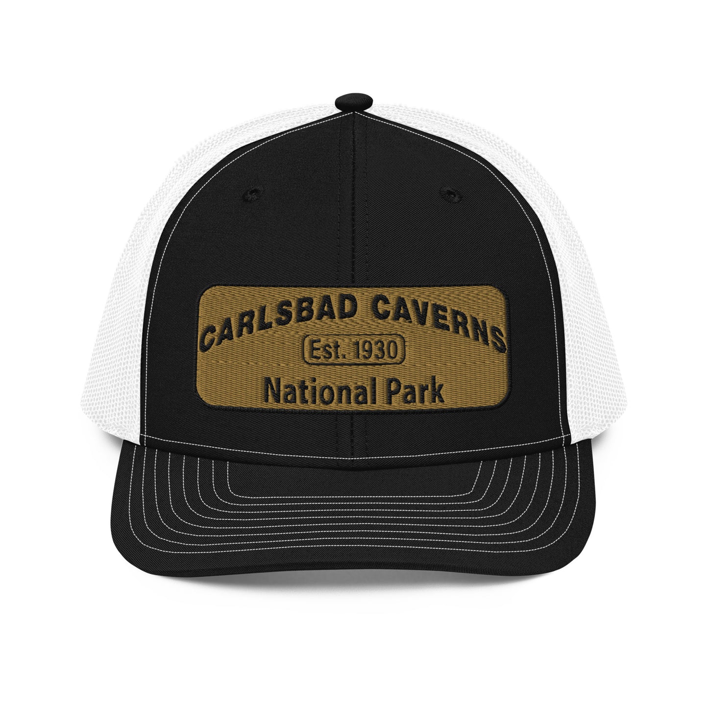 Carlsbad Caverns National Park Camo Hat - Gold and Black Embroidered Patch on Front of hat - Richardson 112 Trucker Hat - Front View - Color: Black/White