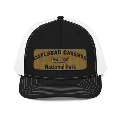 Carlsbad Caverns National Park Camo Hat - Gold and Black Embroidered Patch on Front of hat - Richardson 112 Trucker Hat - Front View - Color: Black/White