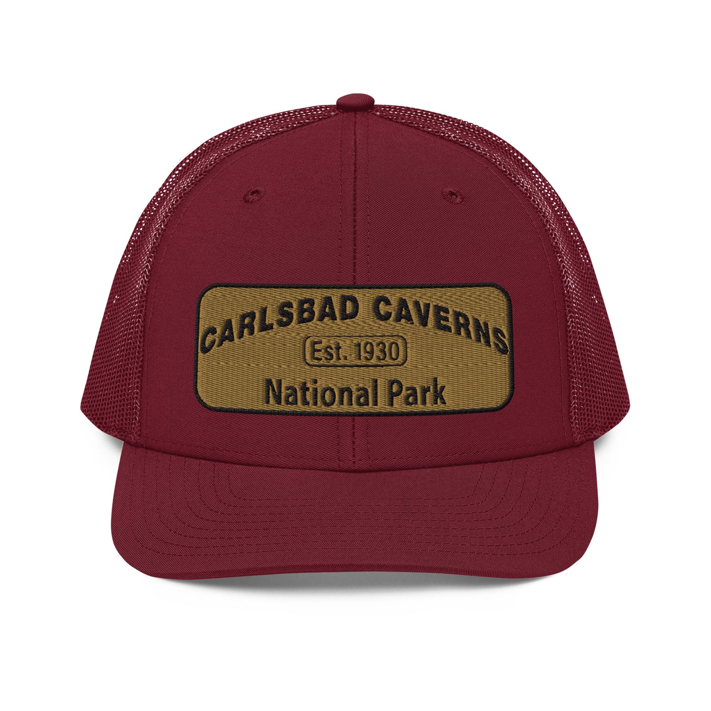 Carlsbad Caverns National Park Camo Hat - Gold and Black Embroidered Patch on Front of hat - Richardson 112 Trucker Hat - Front View - Color: Cardinal