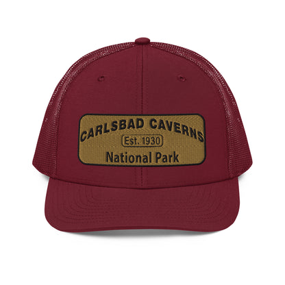 Carlsbad Caverns National Park Camo Hat - Gold and Black Embroidered Patch on Front of hat - Richardson 112 Trucker Hat - Front View - Color: Cardinal
