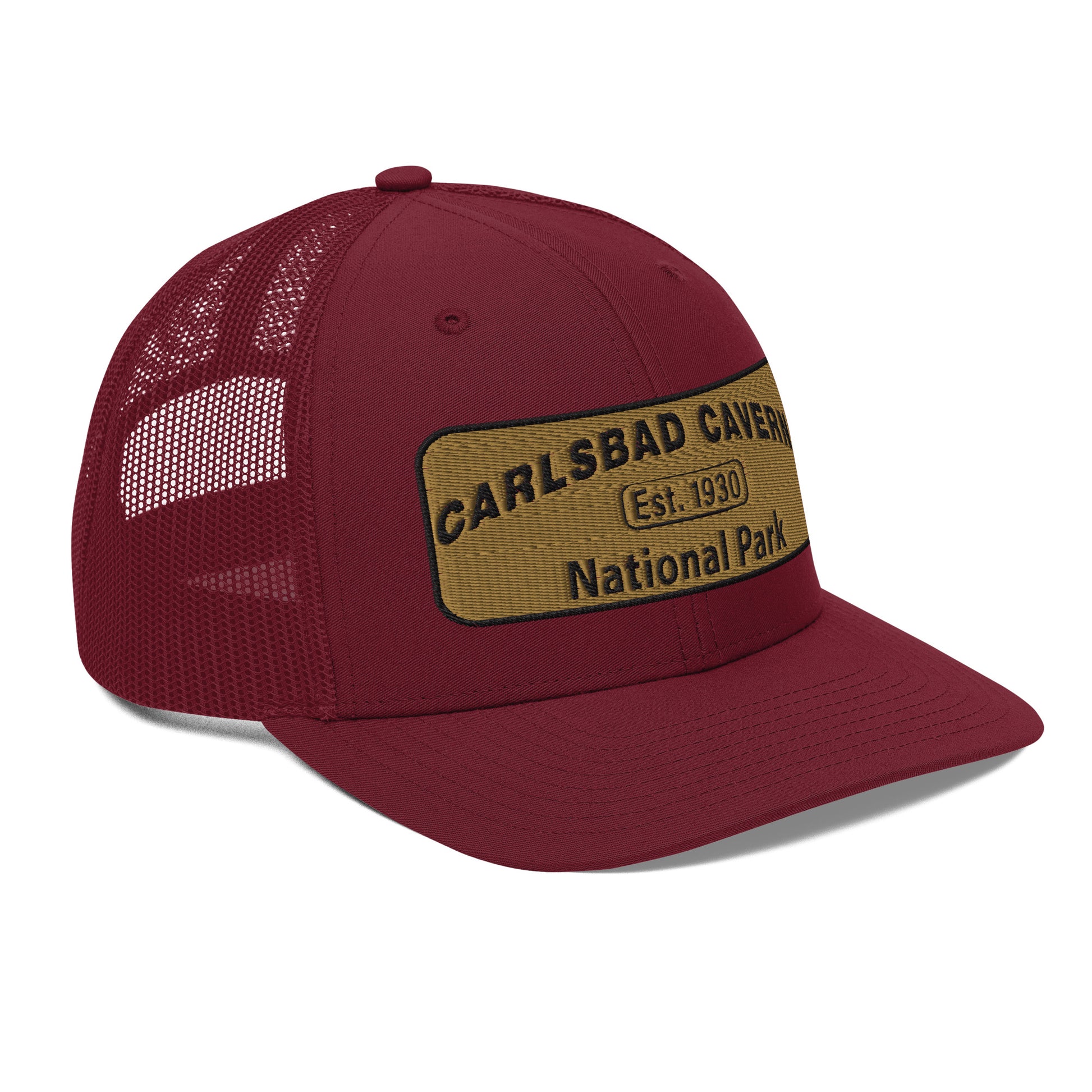 Carlsbad Caverns National Park Camo Hat - Gold and Black Embroidered Patch on Front of hat - Richardson 112 Trucker Hat - Side View - Color: Cardinal