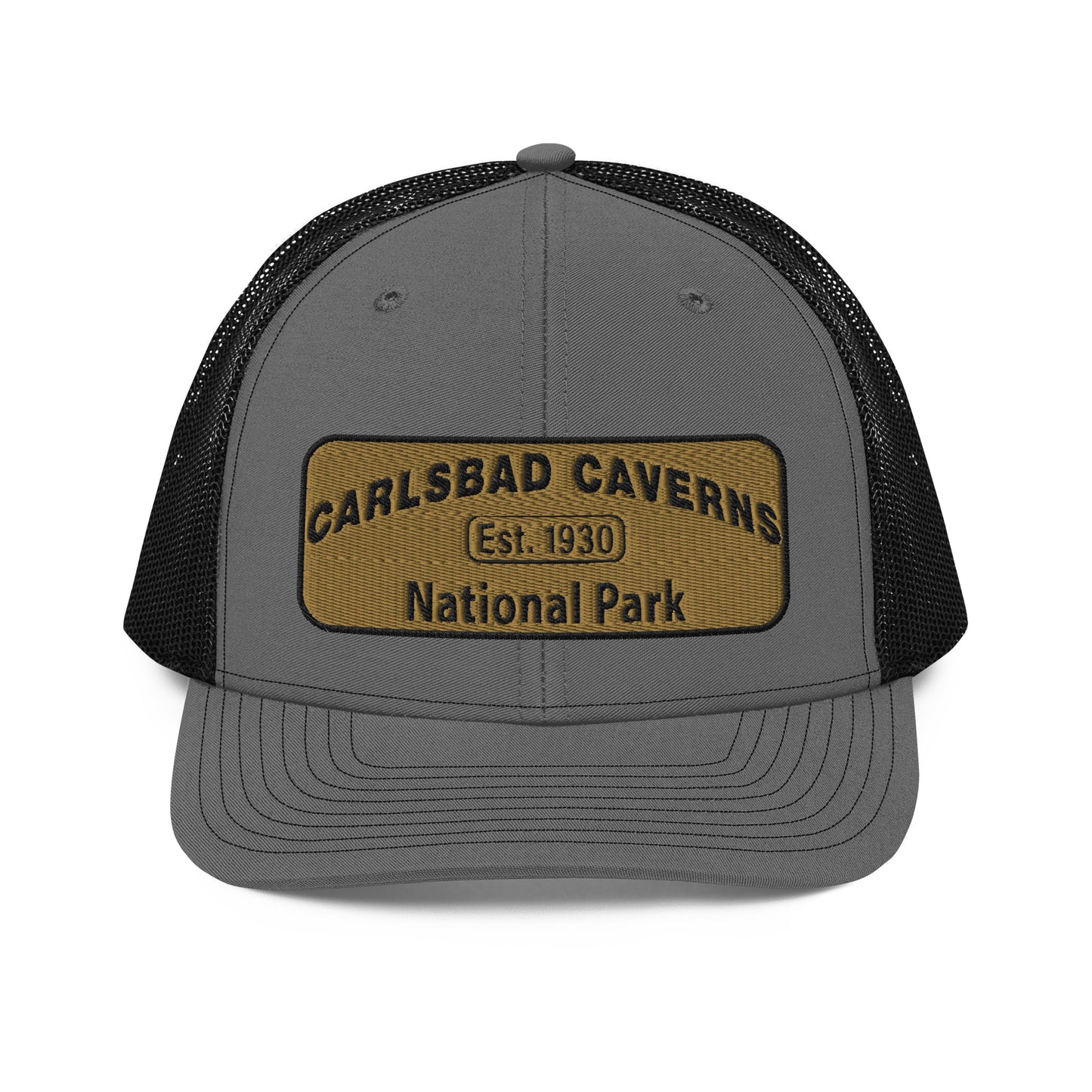 Carlsbad Caverns National Park Camo Hat - Gold and Black Embroidered Patch on Front of hat - Richardson 112 Trucker Hat - Front View - Color: Charcoal/Black