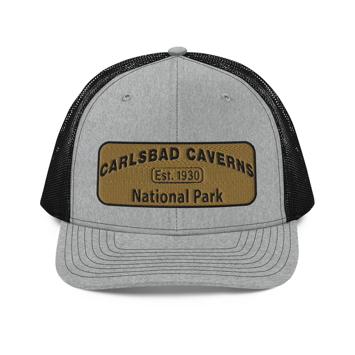 Carlsbad Caverns National Park Camo Hat - Gold and Black Embroidered Patch on Front of hat - Richardson 112 Trucker Hat - Front View - Color: Heather/Black