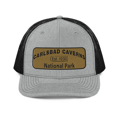 Carlsbad Caverns National Park Camo Hat - Gold and Black Embroidered Patch on Front of hat - Richardson 112 Trucker Hat - Front View - Color: Heather/Black