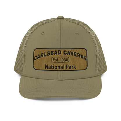 Carlsbad Caverns National Park Camo Hat - Gold and Black Embroidered Patch on Front of hat - Richardson 112 Trucker Hat - Front View - Color: Loden