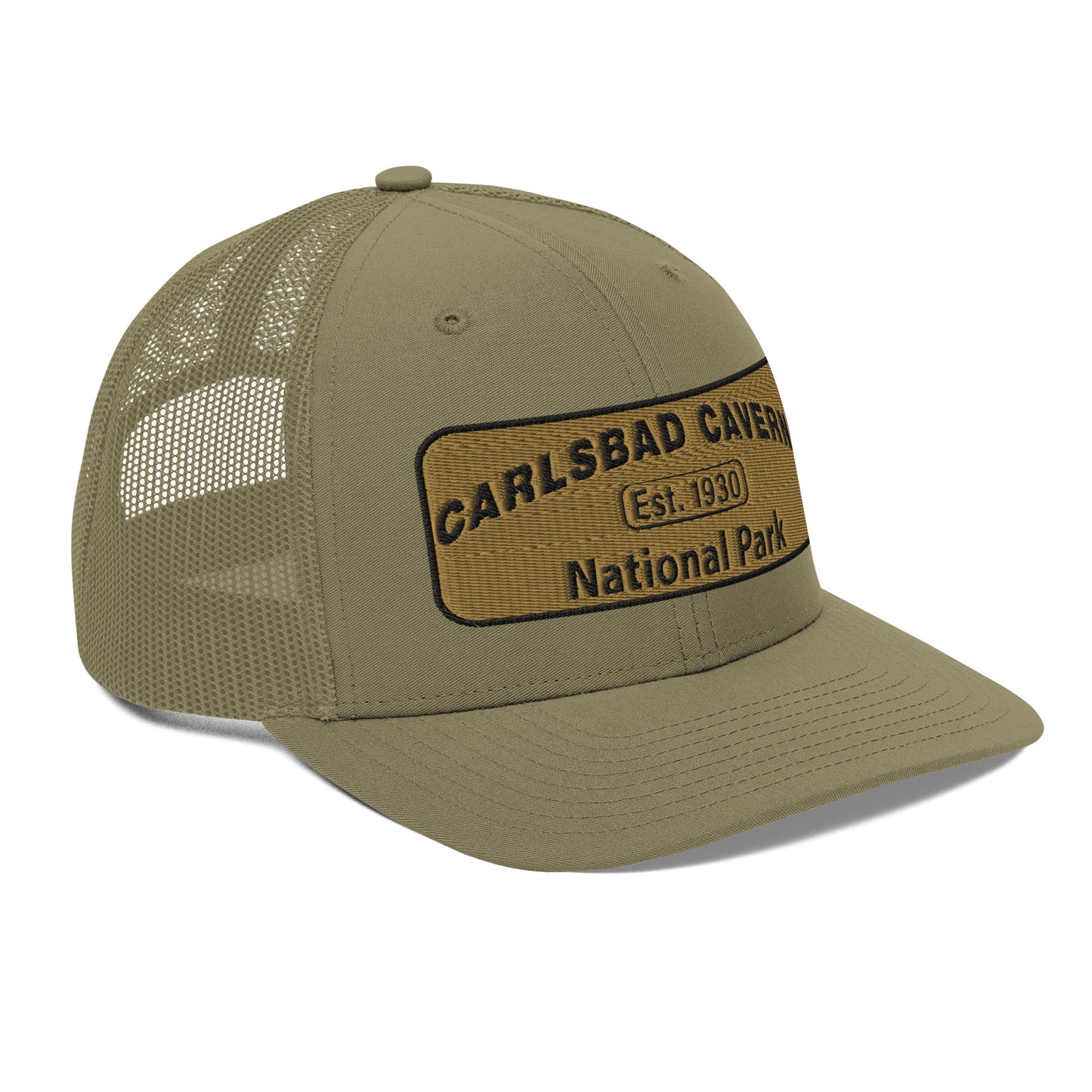 Carlsbad Caverns National Park Camo Hat - Gold and Black Embroidered Patch on Front of hat - Richardson 112 Trucker Hat - Side View - Color: Loden