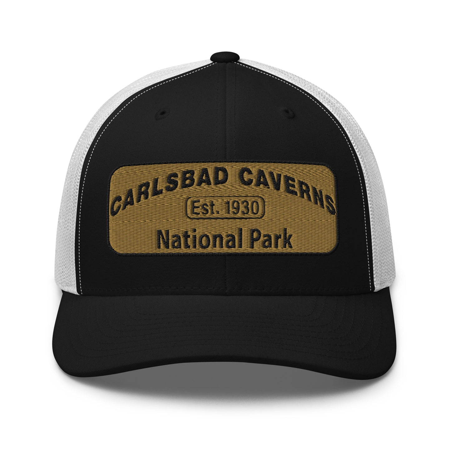 Carlsbad Caverns National Park Camo Hat - Gold and Black Embroidered Patch on Front of hat - Yupoong 6606 Trucker Hat - Front View - Color:Black/White