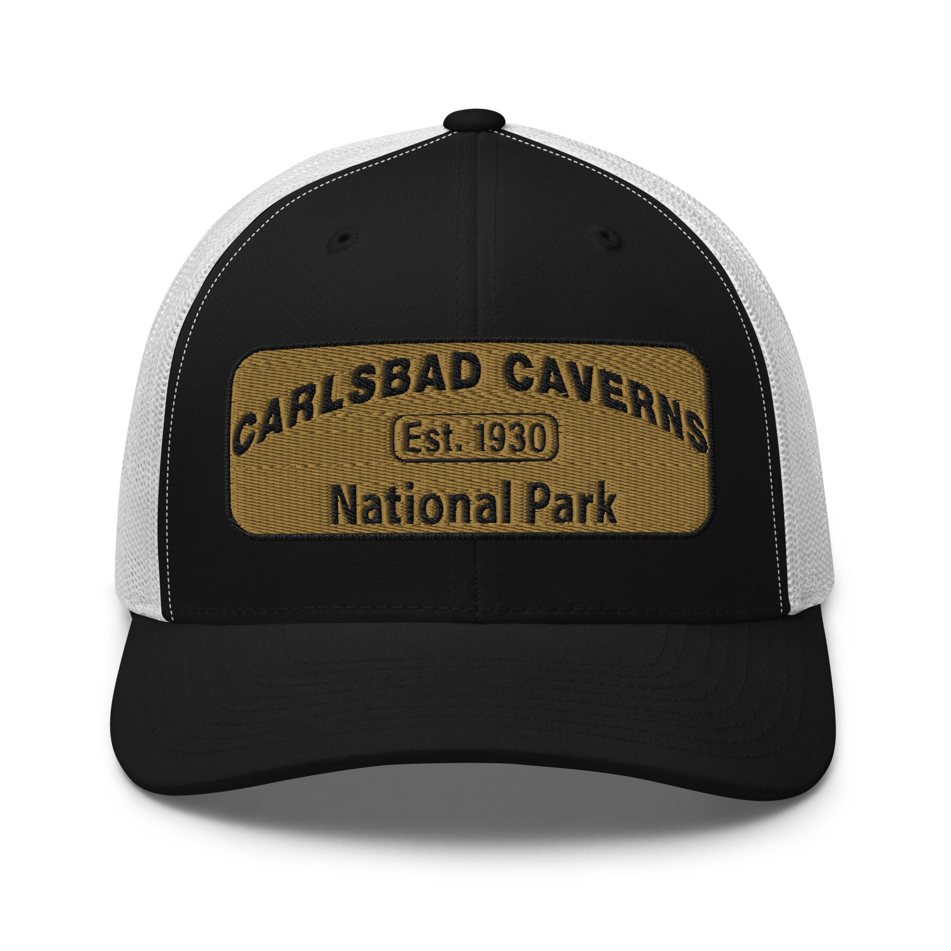 Carlsbad Caverns National Park Camo Hat - Gold and Black Embroidered Patch on Front of hat - Yupoong 6606 Trucker Hat - Front View - Color:Black/White