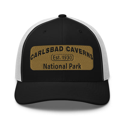 Carlsbad Caverns National Park Camo Hat - Gold and Black Embroidered Patch on Front of hat - Yupoong 6606 Trucker Hat - Front View - Color:Black/White