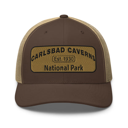 Carlsbad Caverns National Park Camo Hat - Gold and Black Embroidered Patch on Front of hat - Yupoong 6606 Trucker Hat - Front View - Color: Brown/Khaki