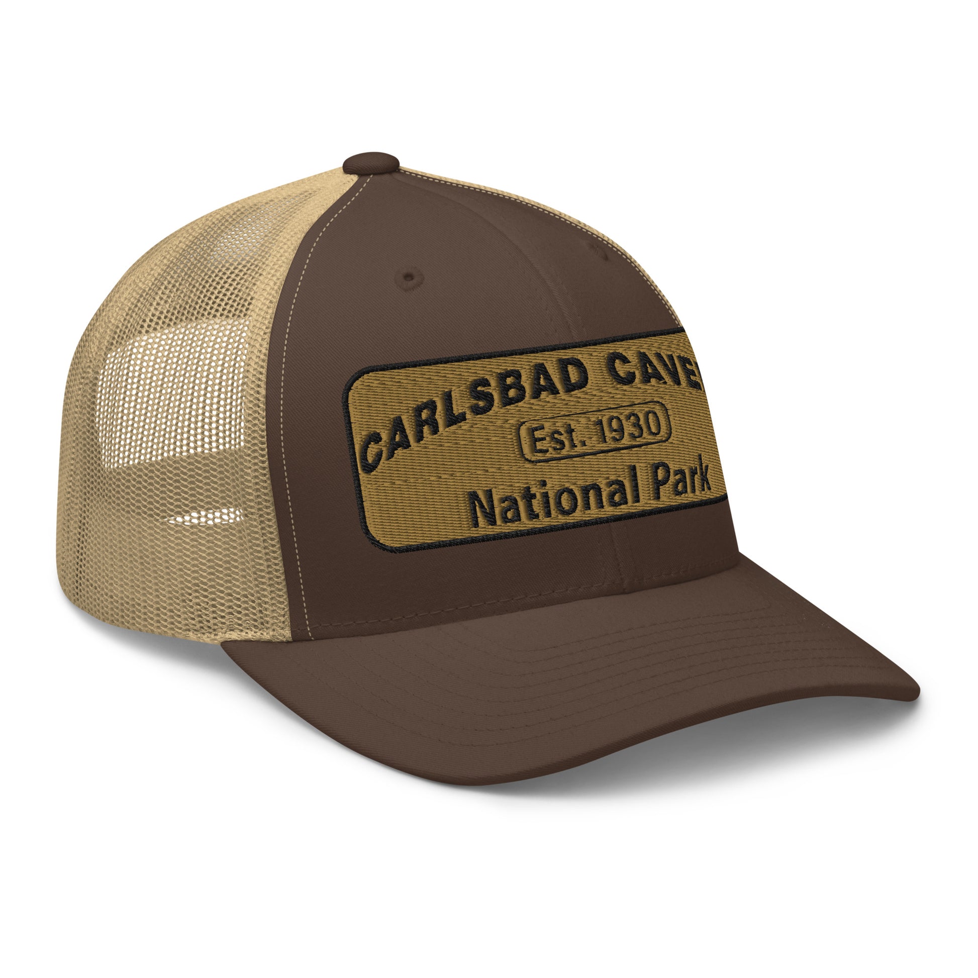 Carlsbad Caverns National Park Camo Hat - Gold and Black Embroidered Patch on Front of hat - Yupoong 6606 Trucker Hat - Side View - Color: Brown/Khaki