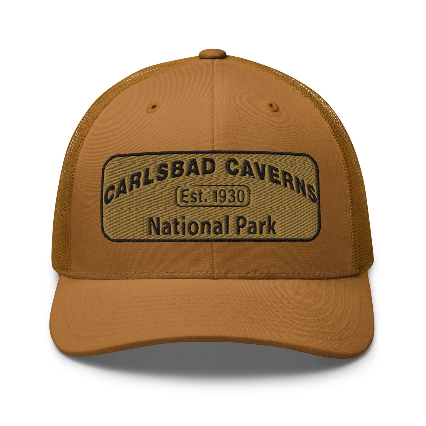 Carlsbad Caverns National Park Camo Hat - Gold and Black Embroidered Patch on Front of hat - Yupoong 6606 Trucker Hat - Front View - Color: Caramel