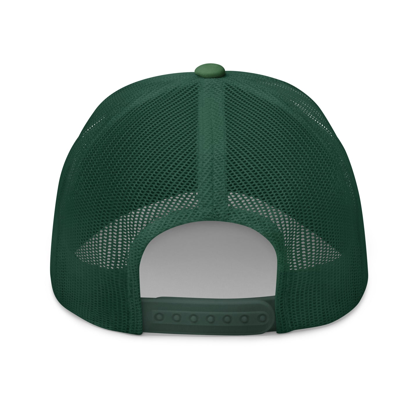 Carlsbad Caverns National Park Camo Hat - Gold and Black Embroidered Patch on Front of hat - Yupoong 6606 Trucker Hat - Snapback View - Color: Evergreen