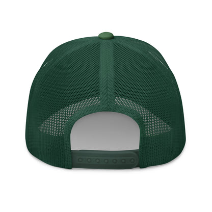 Carlsbad Caverns National Park Camo Hat - Gold and Black Embroidered Patch on Front of hat - Yupoong 6606 Trucker Hat - Snapback View - Color: Evergreen