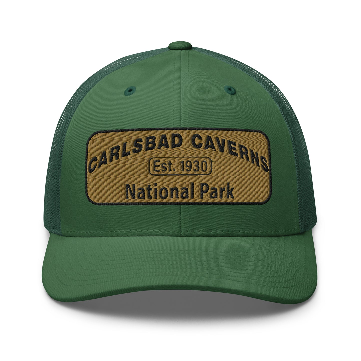 Carlsbad Caverns National Park Camo Hat - Gold and Black Embroidered Patch on Front of hat - Yupoong 6606 Trucker Hat - Front View - Color: Evergreen