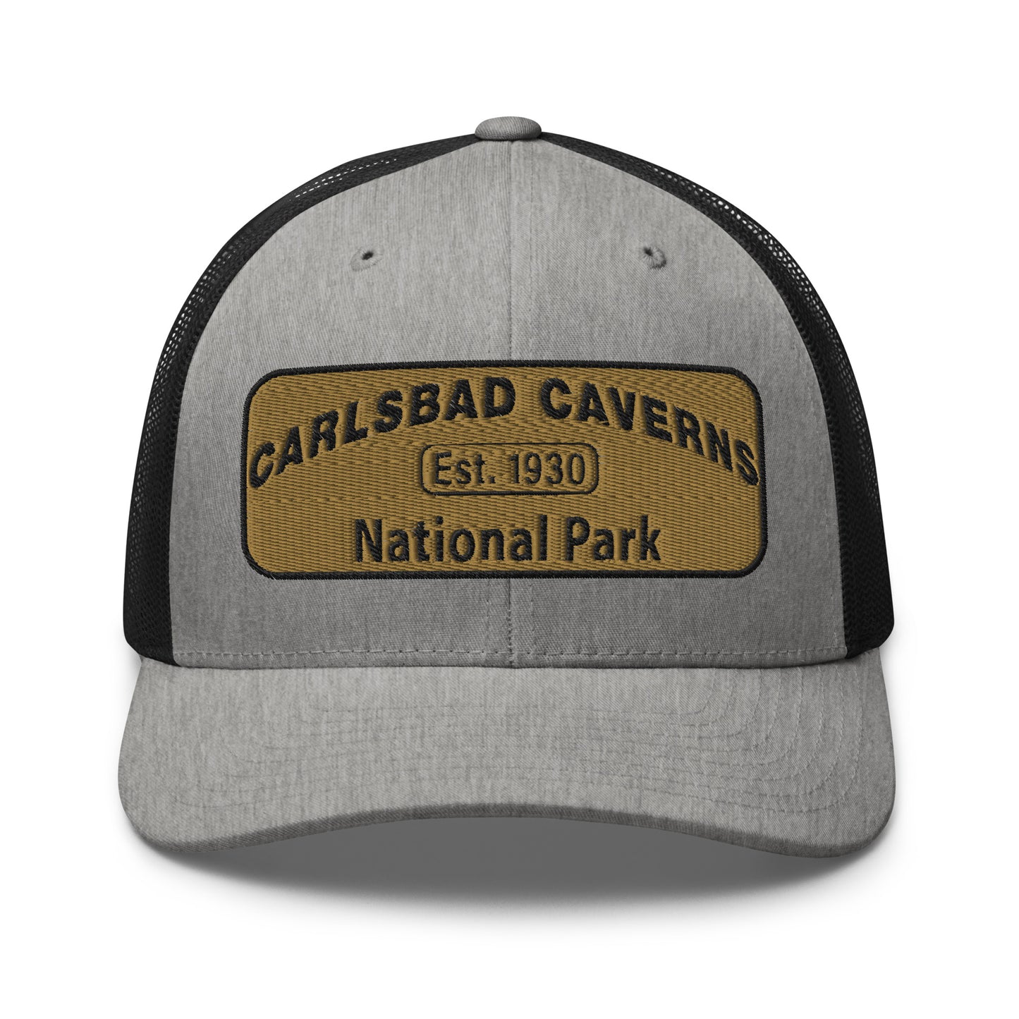 Carlsbad Caverns National Park Camo Hat - Gold and Black Embroidered Patch on Front of hat - Yupoong 6606 Trucker Hat - Front View - Color: Heather/Black