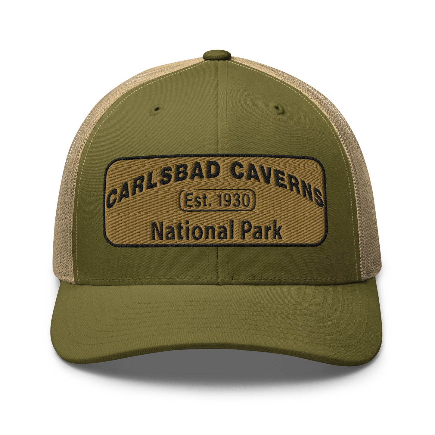 Carlsbad Caverns National Park Camo Hat - Gold and Black Embroidered Patch on Front of hat - Yupoong 6606 Trucker Hat - Front View - Color: Moss Green/Khaki