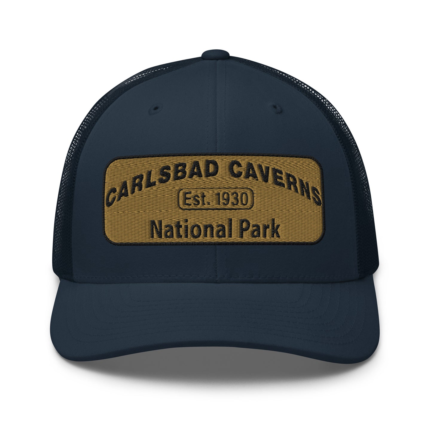 Carlsbad Caverns National Park Camo Hat - Gold and Black Embroidered Patch on Front of hat - Yupoong 6606 Trucker Hat - Front View - Color: Navy