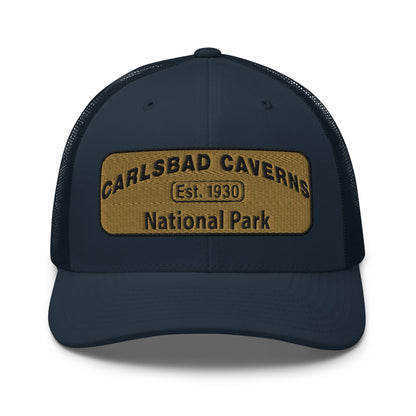 Carlsbad Caverns National Park Camo Hat - Gold and Black Embroidered Patch on Front of hat - Yupoong 6606 Trucker Hat - Front View - Color: Navy