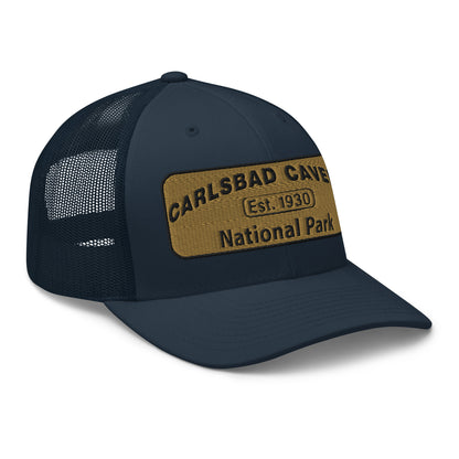 Carlsbad Caverns National Park Camo Hat - Gold and Black Embroidered Patch on Front of hat - Yupoong 6606 Trucker Hat - Side View - Color: Navy