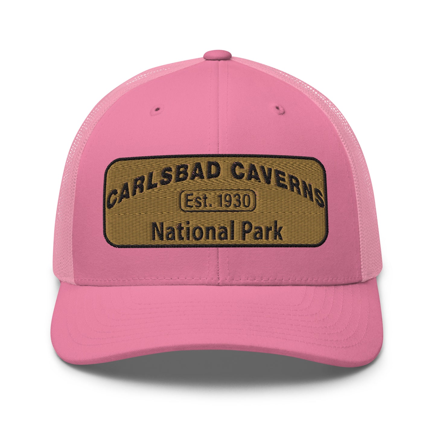 Carlsbad Caverns National Park Camo Hat - Gold and Black Embroidered Patch on Front of hat - Yupoong 6606 Trucker Hat - Front View - Color: Pink