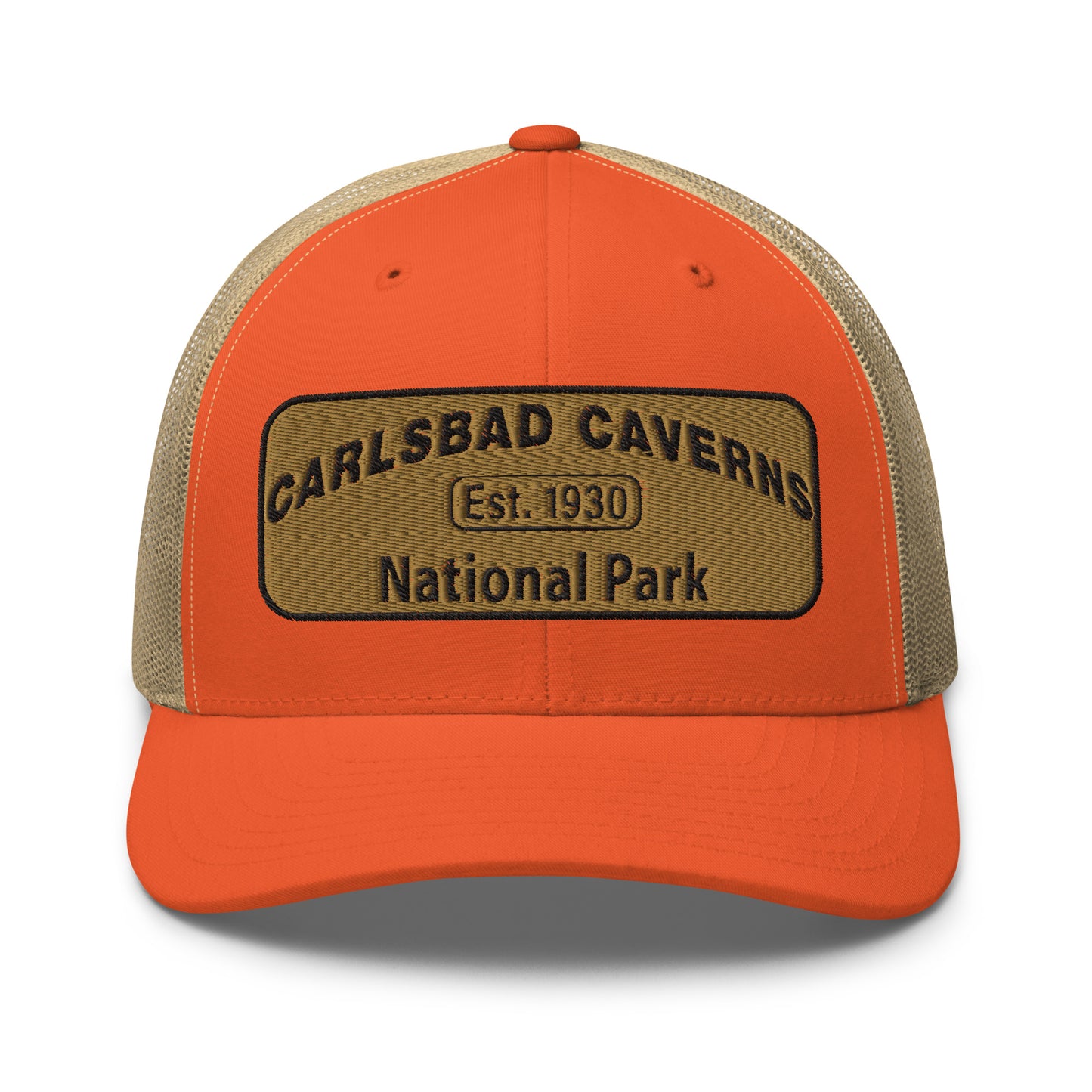Carlsbad Caverns National Park Camo Hat - Gold and Black Embroidered Patch on Front of hat - Yupoong 6606 Trucker Hat - Front View - Color: Orange/Khaki