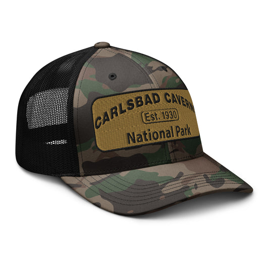 Carlsbad Caverns National Park Camo Hat - Gold and Black Embroidered Patch on Front of hat - Otto 105-1247 Trucker Hat - Side View - Color: Black/Camo