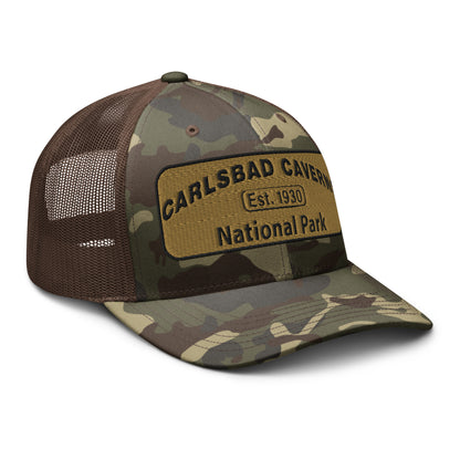 Carlsbad Caverns National Park Camo Hat - Gold and Black Embroidered Patch on Front of hat - Otto 105-1247 Trucker Hat - Side View - Color: Brown/Camo