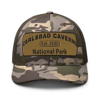 Carlsbad Caverns National Park Camo Hat - Gold and Black Embroidered Patch on Front of hat - Otto 105-1247 Trucker Hat - Front View - Color: Olive/Camo