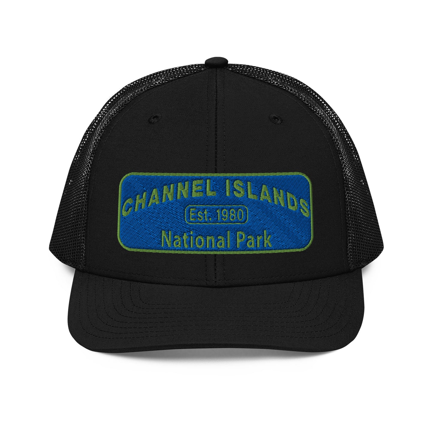 Channel Islands National Park Hat - Blue and Green Embroidered Patch on Front of hat - Richardson 112 Trucker Hat - Front View - Color: Black