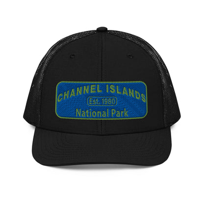 Channel Islands National Park Hat - Blue and Green Embroidered Patch on Front of hat - Richardson 112 Trucker Hat - Front View - Color: Black