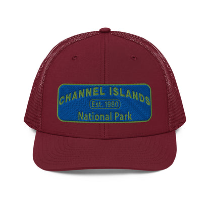 Channel Islands National Park Hat - Blue and Green Embroidered Patch on Front of hat - Richardson 112 Trucker Hat - Front View - Color: Cardinal