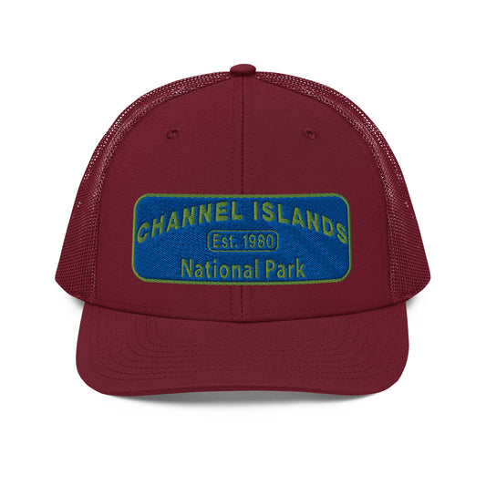 Channel Islands National Park Hat - Blue and Green Embroidered Patch on Front of hat - Richardson 112 Trucker Hat - Front View - Color: Cardinal