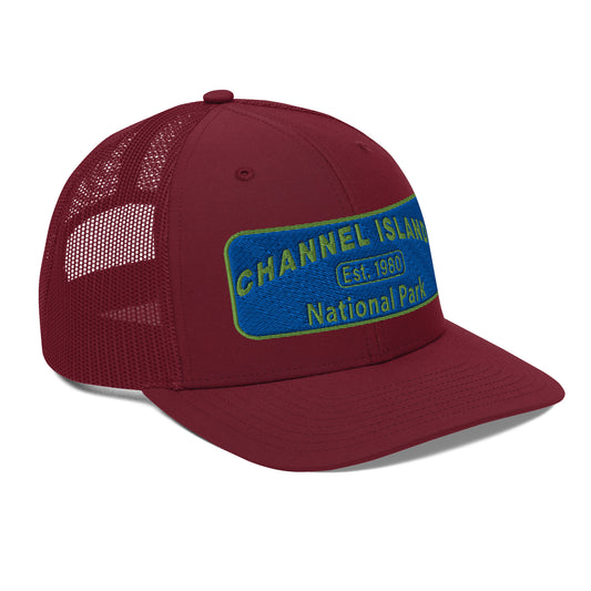 Channel Islands National Park Hat - Blue and Green Embroidered Patch on Front of hat - Richardson 112 Trucker Hat - Side View - Color: Cardinal