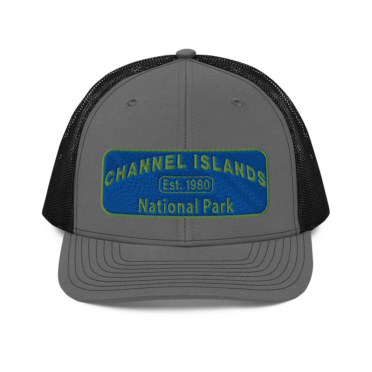Channel Islands National Park Hat - Blue and Green Embroidered Patch on Front of hat - Richardson 112 Trucker Hat - Front View - Color: Charcoal/Black