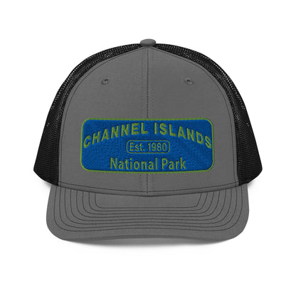 Channel Islands National Park Hat - Blue and Green Embroidered Patch on Front of hat - Richardson 112 Trucker Hat - Front View - Color: Charcoal/Black