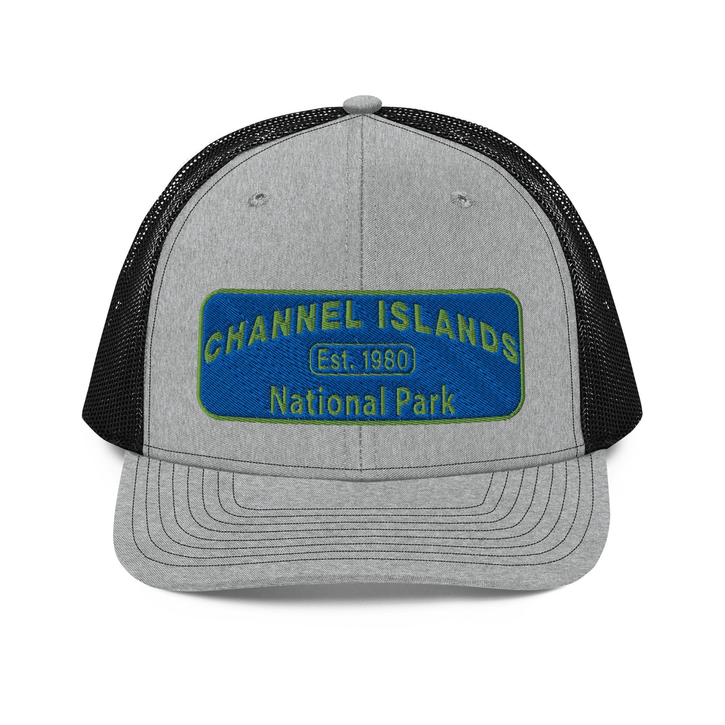 Channel Islands National Park Hat - Blue and Green Embroidered Patch on Front of hat - Richardson 112 Trucker Hat - Front View - Color: Heather/Black
