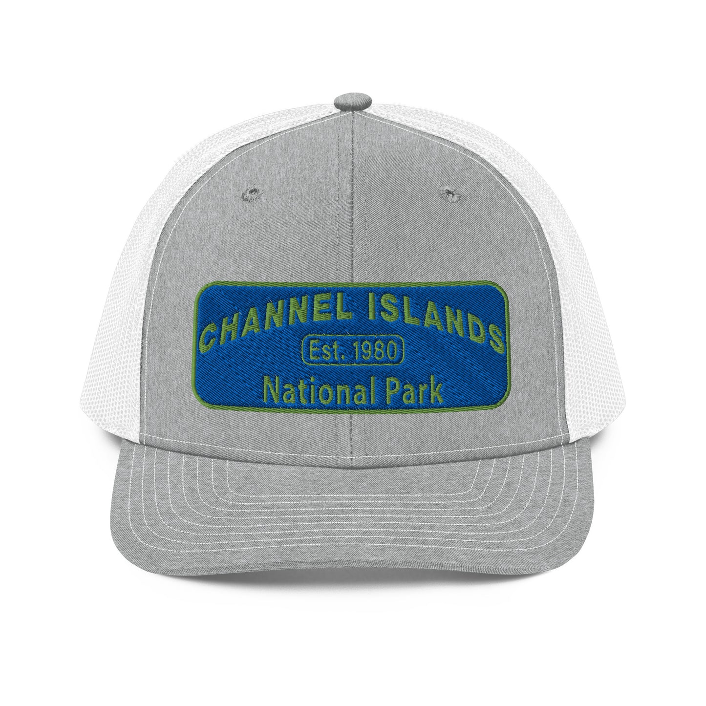 Channel Islands National Park Hat - Blue and Green Embroidered Patch on Front of hat - Richardson 112 Trucker Hat - Front View - Color: Heather/White