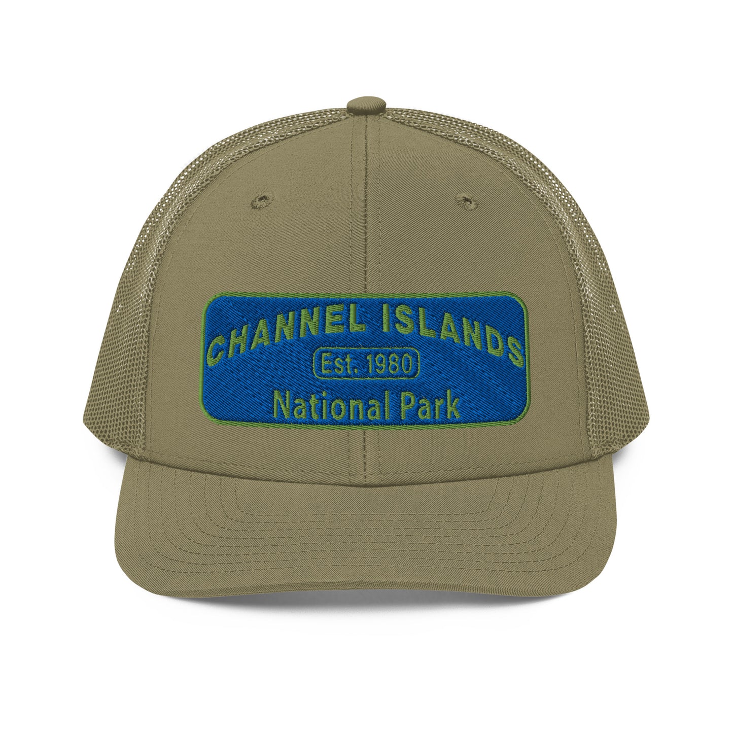 Channel Islands National Park Hat - Blue and Green Embroidered Patch on Front of hat - Richardson 112 Trucker Hat - Front View - Color: Loden