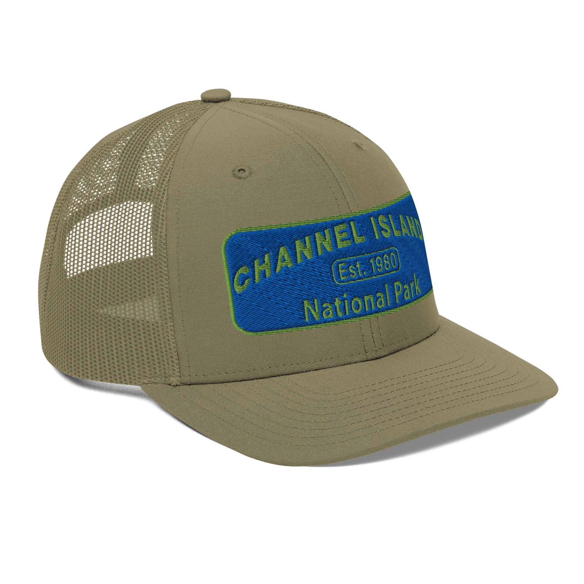 Channel Islands National Park Hat - Blue and Green Embroidered Patch on Front of hat - Richardson 112 Trucker Hat - Side View - Color: Loden