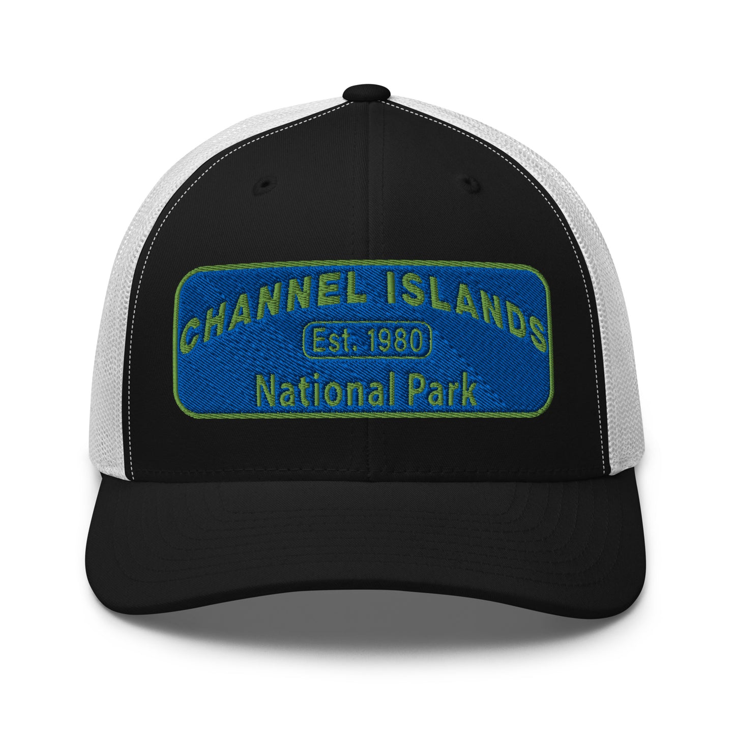 Channel Islands National Park Hat - Blue and Green Embroidered Patch on Front of hat - Yupoong 6606 Trucker Hat - Front View - Color: Black/White